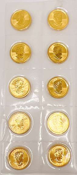 10x 1/10 oz Maple Leaf Gold Coins