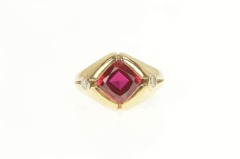 14K Yellow Gold 1960's Cushion Syn. Ruby 0.25 Ctw Diamond Ring