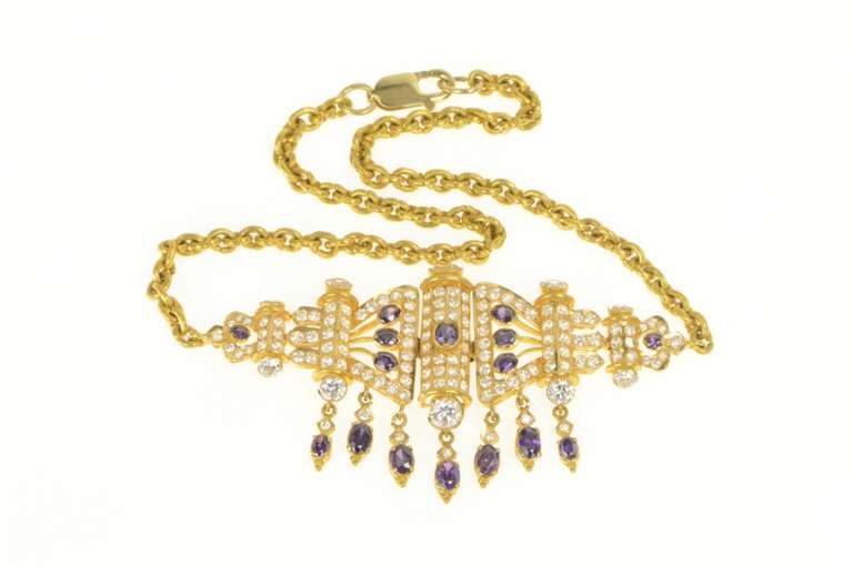 22K Yellow Gold Amethyst CZ Encrusted Collar Cable Chain Necklace