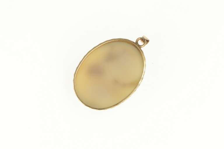 10K Yellow Gold Oval Cloudy Agate Cabochon Ornate Statement Pendant