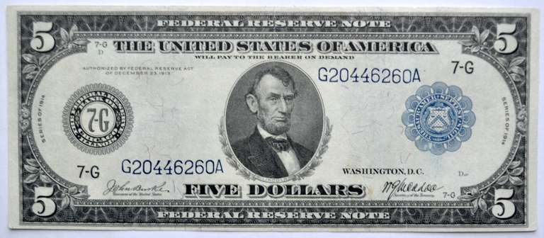 $5 CH CU Series of 1914 Landing Of Columbus & William Penn FRN
