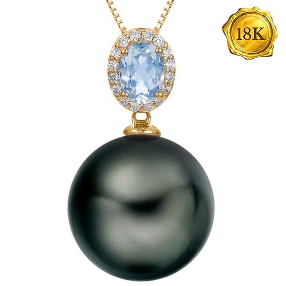 10-11MM TAHITIAN PEARL & AQUAMARINE 18KT GOLD PENDANT