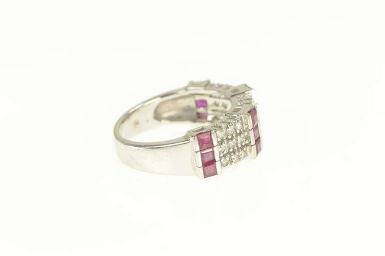 14K White Gold 1950's Princess Ruby Diamond Cluster Band Ring