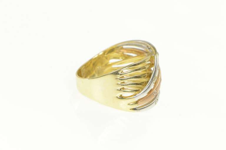 14K Yellow Gold Diamond Tri Tone Wavy Layered Look Band Ring