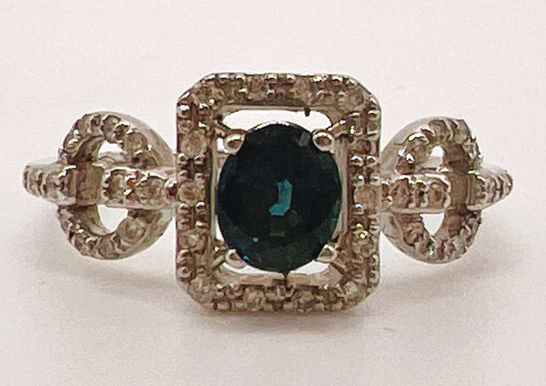 14kt Solid White Gold, Blue Sapphire, & Diamond Ring