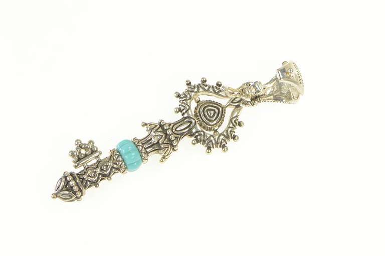 Sterling Silver Elaborate Amethyst Turquoise Skeleton Key 14K Pendant