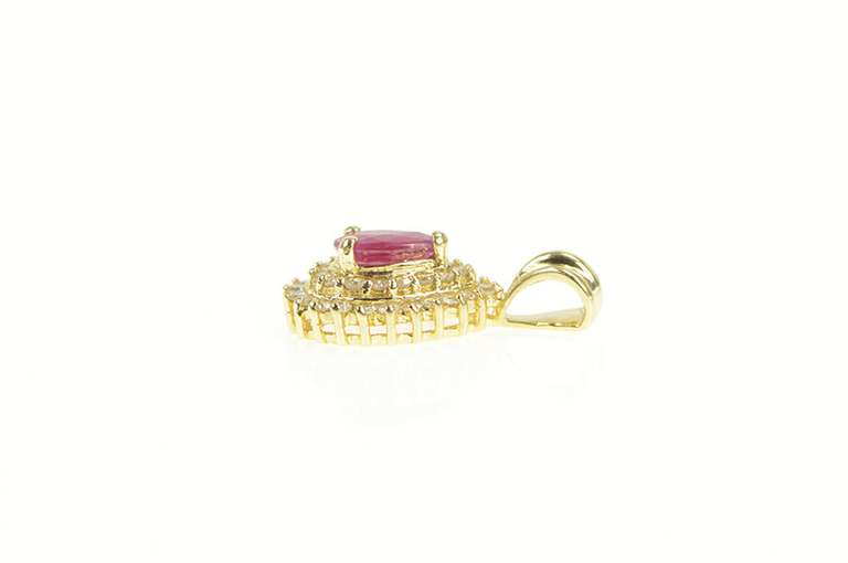 14K Yellow Gold Natural Pear Cut Ruby Diamond Halo Vintage Pendant