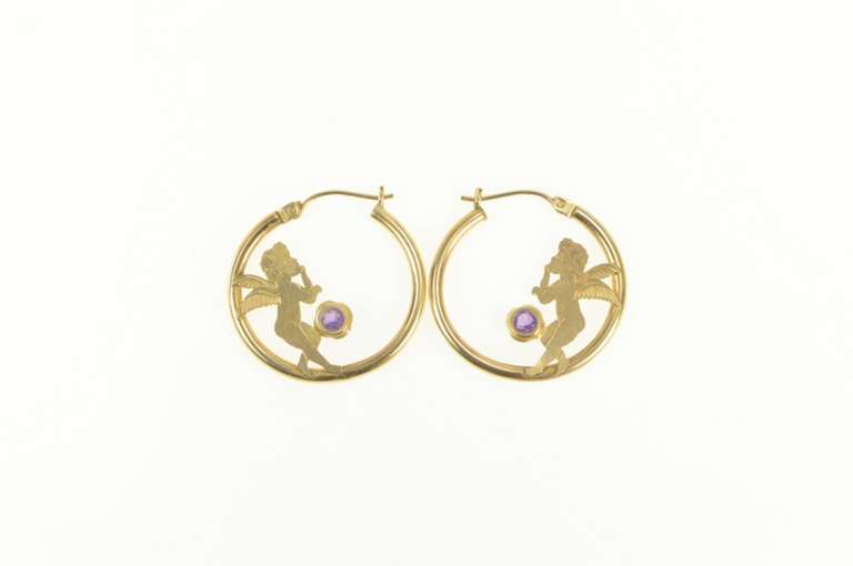 10K Yellow Gold Round Amethyst Cherub Baby Angel Hoop Earrings