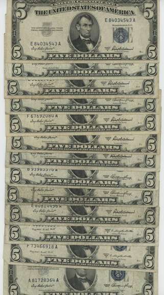 13 Series of 1953 $5 Blue Seal Silver Certificates