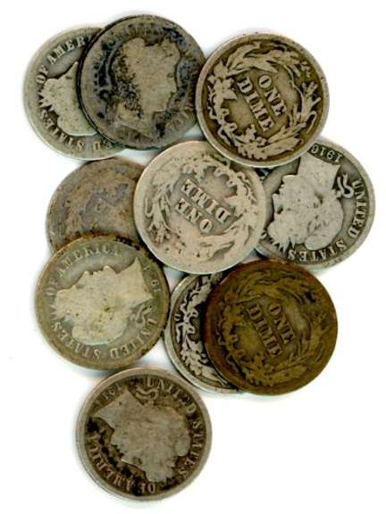 10 Assorted Silver Barber Dimes