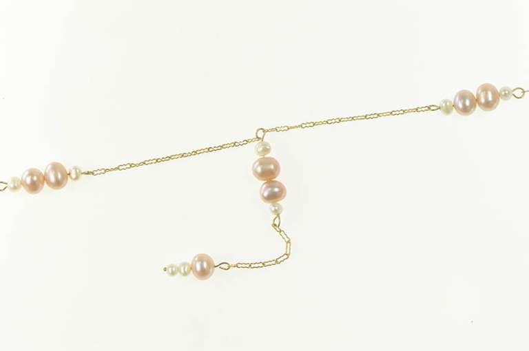 10K Yellow Gold Classic Pearl Chain Link Drop Dangle Necklace
