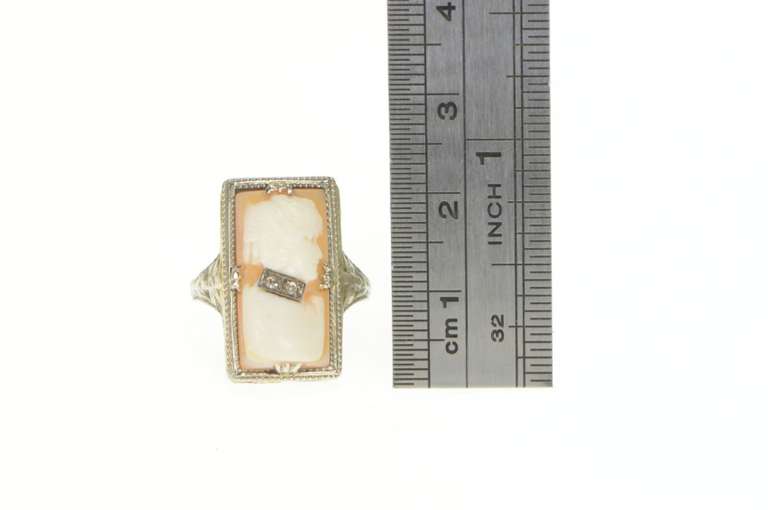 14K White Gold Art Deco Filigree Carved Shell Cameo Diamond Ring