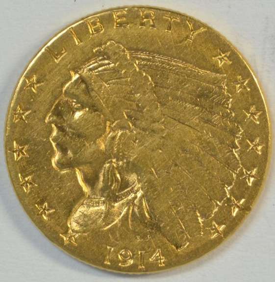 Scarcer 1914-D US $2.50 Indian Gold Piece. Nice