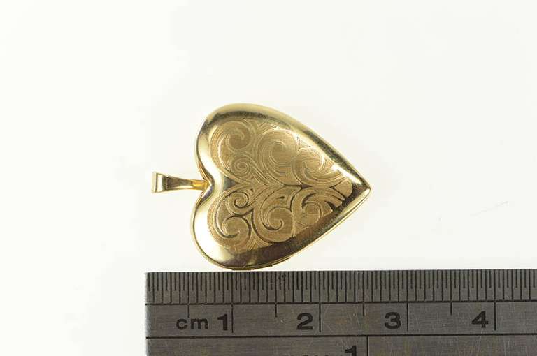 14K Yellow Gold Scroll Engraved Heart Photo Picture Locket Pendant
