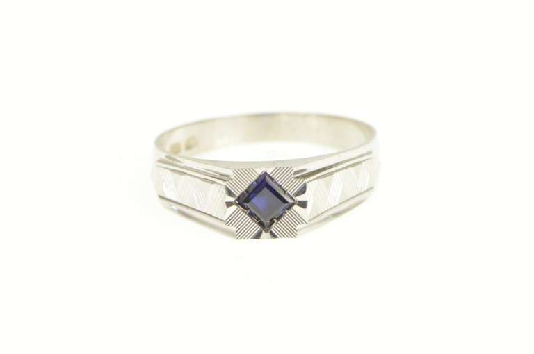 18K White Gold 1940's Syn. Sapphire Squared Men's Grooved Ring