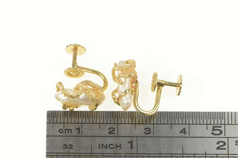 14K Yellow Gold Blister Pearl Ornate Vine Wrap Screw Back Earrings