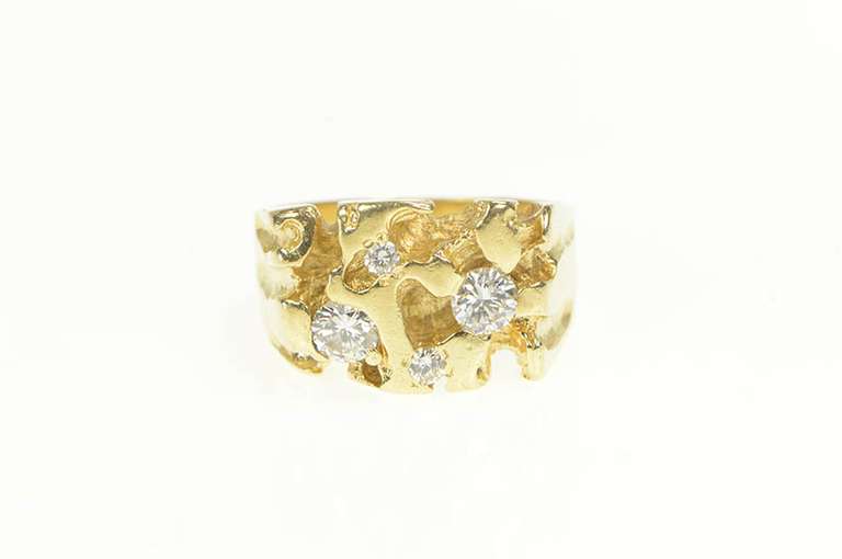 14K Yellow Gold 0.64 Ctw Diamond Textured Nugget Statement Ring