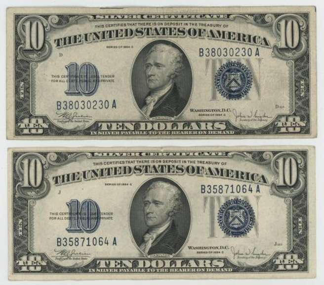 2 Nicer Series of 1934-C $10 Blue Seal Silver Certificates