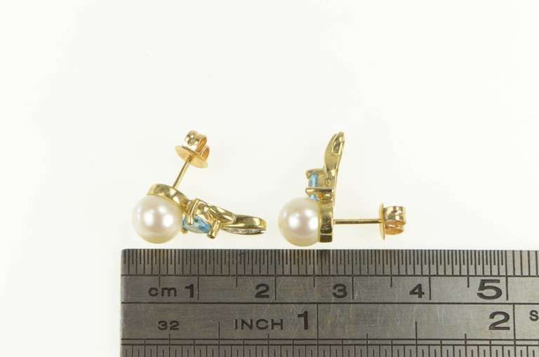 10K Yellow Gold Pearl Blue Topaz Diamond Accent Drop Earrings
