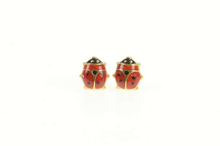 14K Yellow Gold 3D Enamel Lucky Lady Bug Stud Earrings