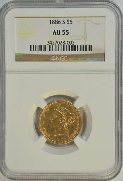 High grade 1886-S $5 Liberty Gold Piece. NGC AU58
