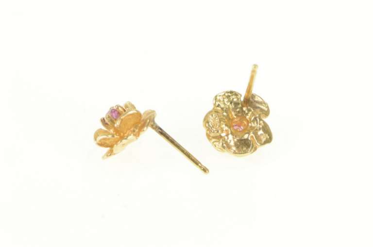 14K Yellow Gold Natural Ruby 3D Rose Flower Statement Stud Earrings