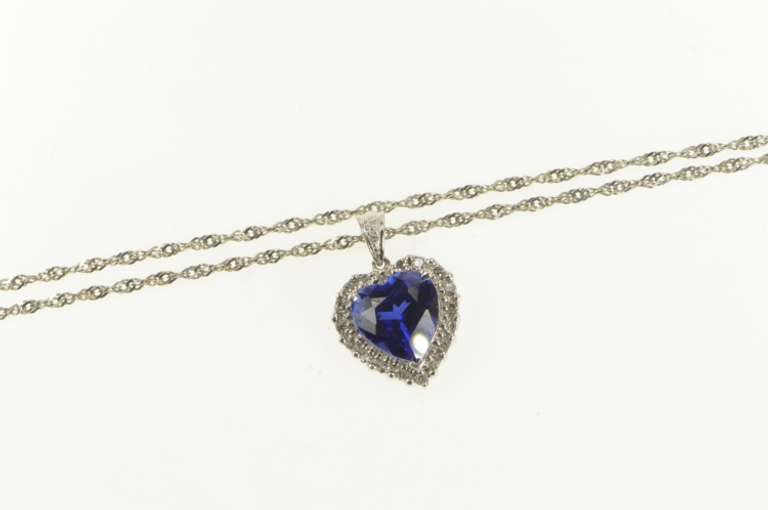 10K White Gold Heart Syn. Sapphire Diamond Halo Chain Necklace