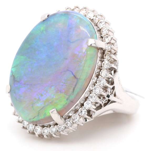 New 10.92ct Black Opal and 0.78ctw Diamond Frame Ring in Platinum