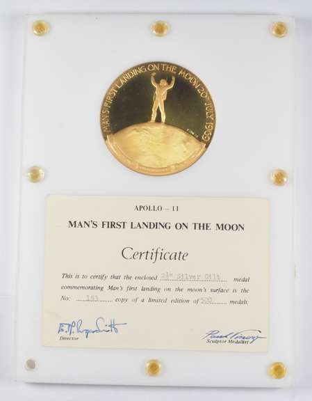 Apollo 11 1st Landing On Moon Silver Gilt Medal & Stamps Signed COA