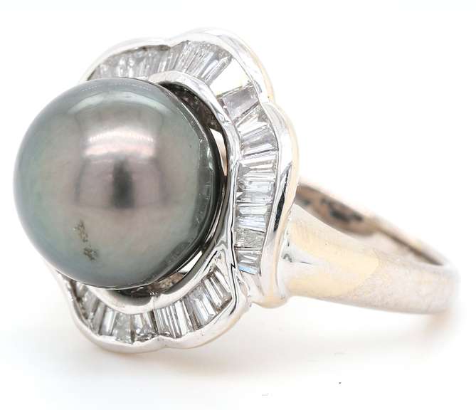 12.0MM Cultured Black Tahitian Pearl and Baguette Diamond Frame Ring in 18K