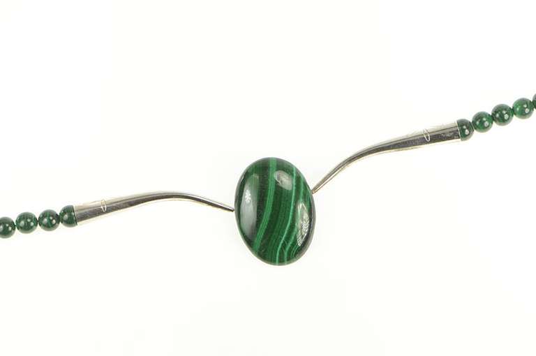 Sterling Silver Oval Malachite Cabochon Southwestern Beaded Necklace