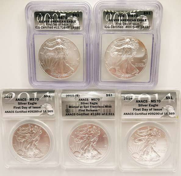 5 MS70 ASE silver coins