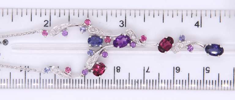 Gorgeous White Gold Tanzanite, Garnet and Amethyst Vine Style Necklace