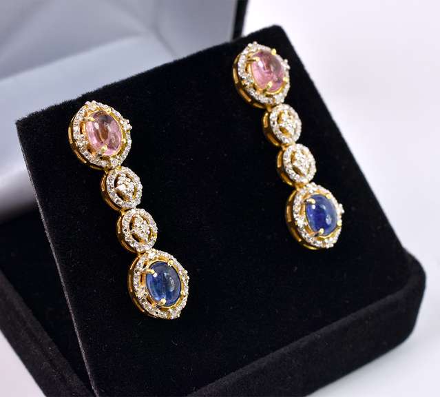 Marvelous 2.25CTW Tourmaline, 2.25CTW Kyanite & 2.00CTW Diamond Dangling Earrings in Gold Plated Sterling Silver