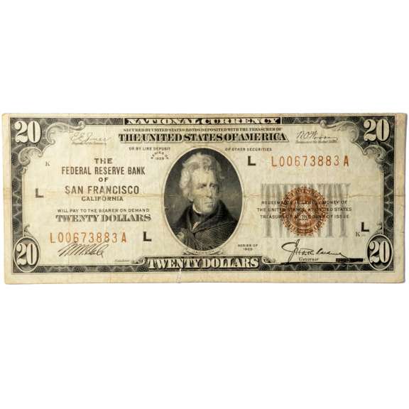 $20 1929 National Currency Federal Reserve Bank San Francisco Ca Note