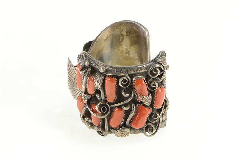 Sterling Silver Navajo Coral Jerry Wilma Begay Watch Cuff Bracelet