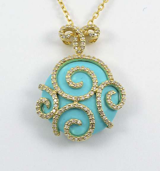 Sexy Turquoise & Diamond Pendant Necklace in 14K YG+B60:C66