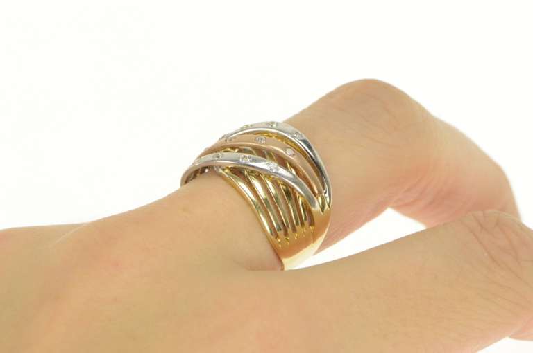 14K Yellow Gold Diamond Tri Tone Wavy Layered Look Band Ring
