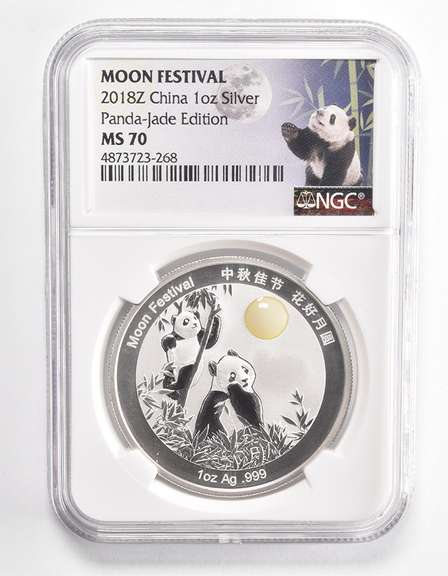 MS70 2018-Z China 1 Oz .999 Fine Silver Panda-Jade Ed. Moon Fest. NGC