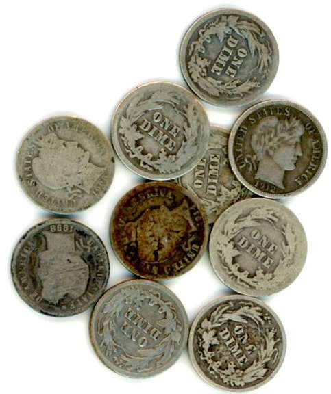 10 Assorted Silver Barber Dimes