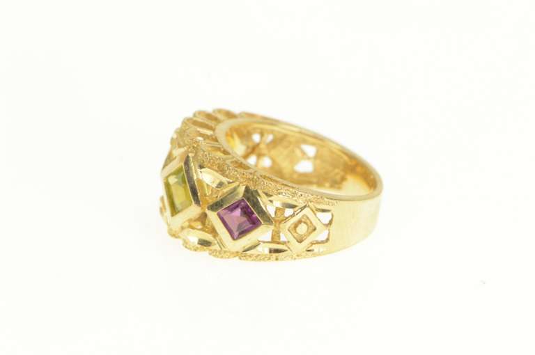 14K Yellow Gold Geometric Amethyst Peridot Squared Graduated Ring