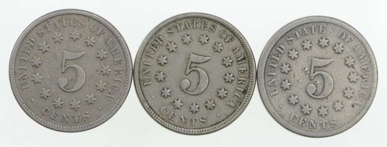Lot (3) 1872 Shield Nickels