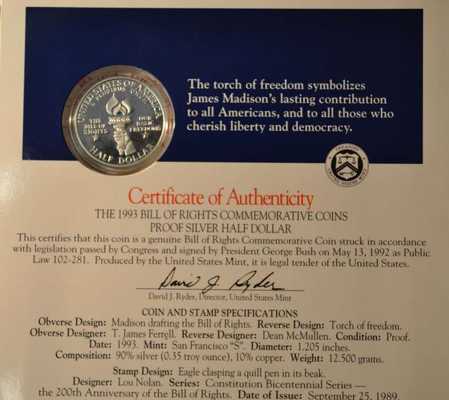 1993 Bill Of Rights Proof Coin And Stamp Set