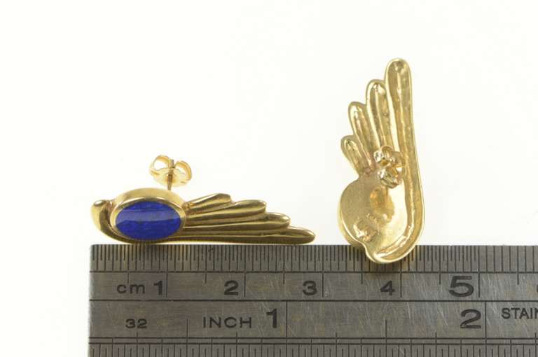 14K Yellow Gold Lapis Lazuli Retro Scalloped Wing Designer Earrings