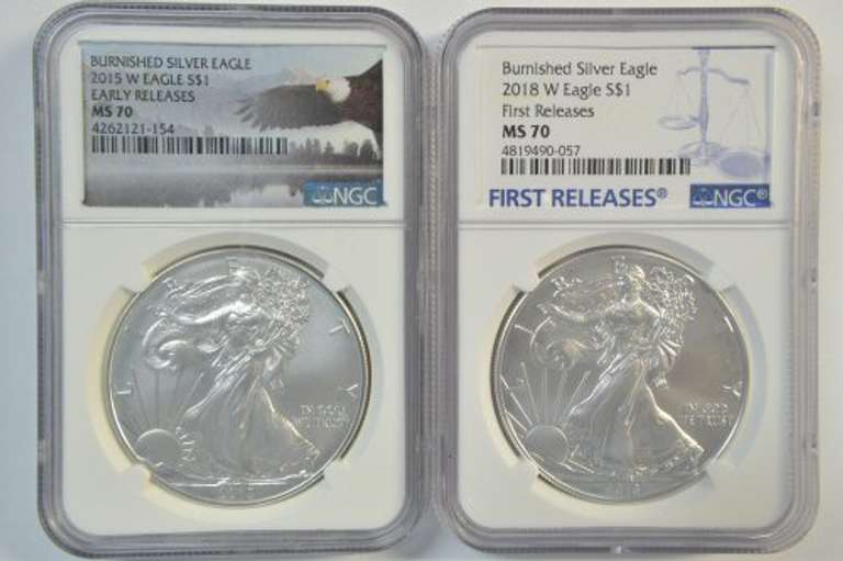 2 Scarce Burnished 2015-W & 2018-W NGC MS70 $1 Silver Eagles