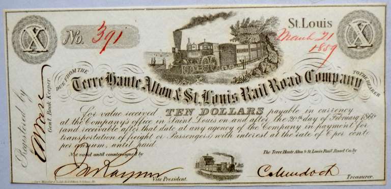CH CU $10 Terre Haute Alton & St Louis Railroad Company Note