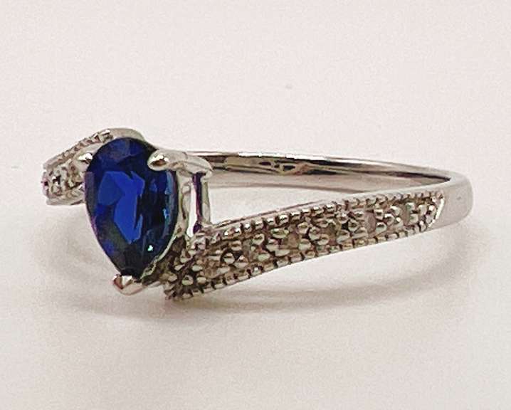 14kt Solid White Gold, Blue Sapphire, & Diamond Ring