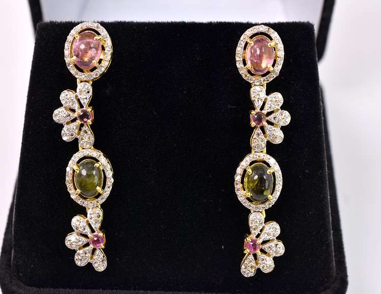 Fantastic 3.50CTW Colorful Tourmaline & 2.50CTW Diamond Foral Dangle Earrings in Gold Plated Sterling Silver