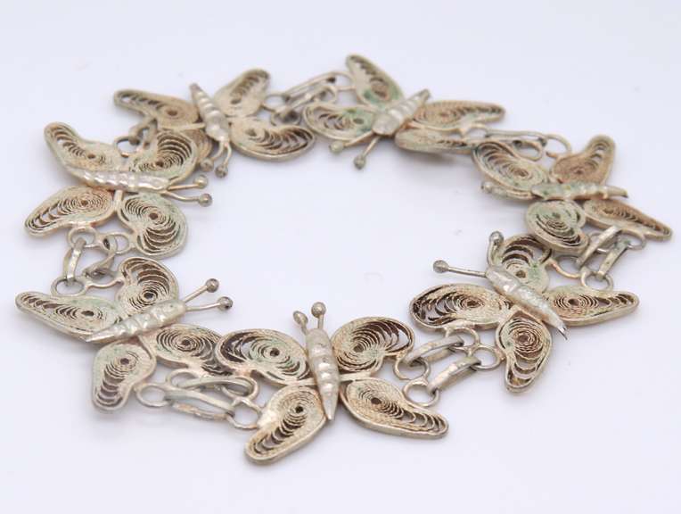 Vintage 925 Sterling Silver Filigree Butterfly Link Bracelet