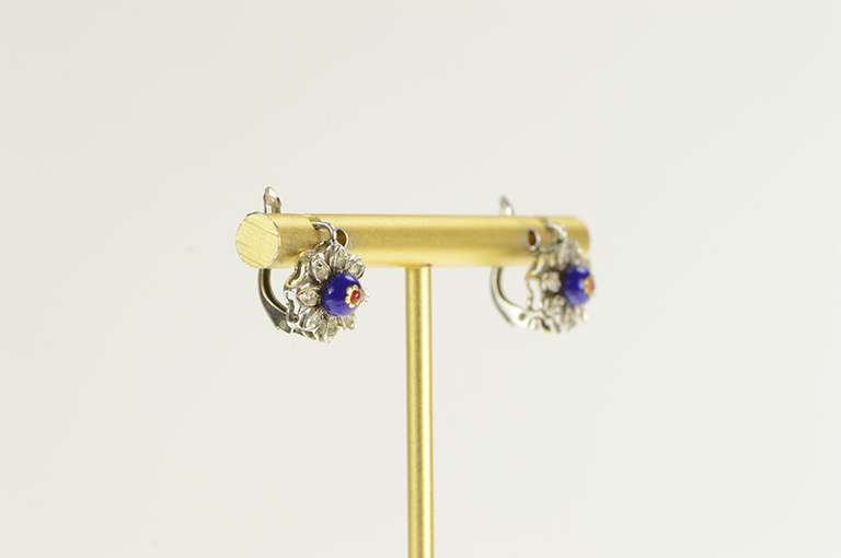 18K White Gold 1940's Blue Enamel Diamond Halo Flower Earrings